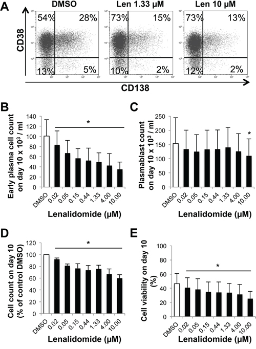 Lenalidomide preferentially targets the generation of CD138+ early plasma cells and poorly affects plasmablasts in the third step of the B cell to plasma cell differentiation model.