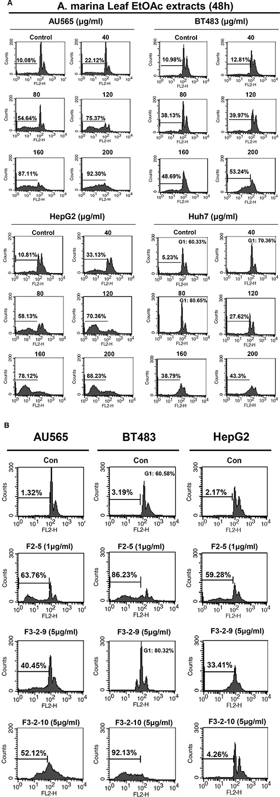 Effects of (A) EtOAc extracts of A. marina leaves and (B) fractions F2-5, F3-2-9, and F3-2-10 on cell cycle distributions of AU565, BT483, HepG2, and Huh7 cancer cells.