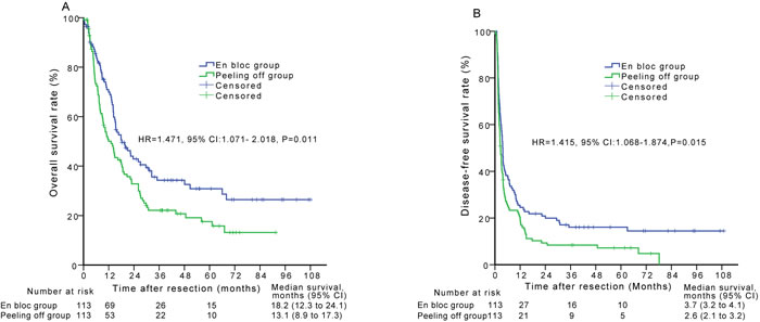 Overall survival (A) and disease-free survival (B) curves of patients in the en bloc group compared with those in the peeling off group after propensity score matching analysis.
