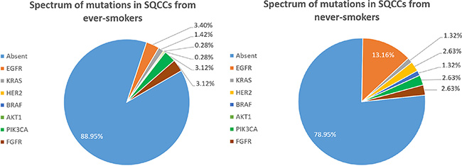 Spectrum of mutations in SQCCs from never-smokers (A) and ever-smokers (B).