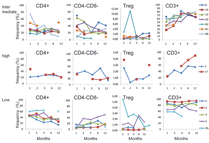 The frequency of CD4+ cell, CD4-CD8- (DN) T cells, Treg cells and CD3+ cells and T
