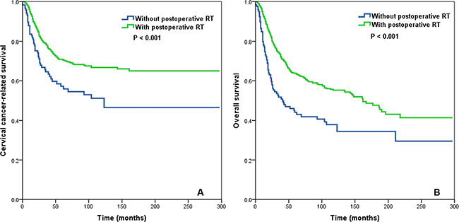 Impact of postoperative radiotherapy on cervical cancer-related survival (A) and overall survival (B) in the group of cervical cancer patients with a lymph node ratio &#x003E; 0.16.