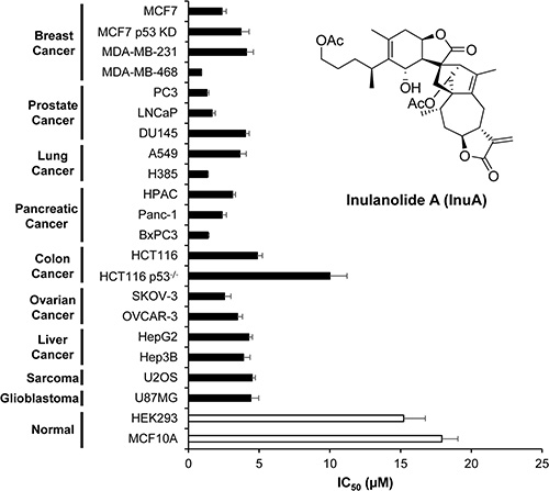 Cytotoxicity of InuA against various normal and cancer cell lines.