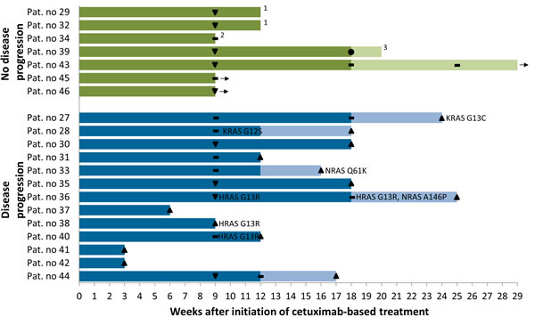 Swimmer plot illustrating treatment, responses and acquired mutations in liquid biopsy cohort of 20 HNSCC patients treated with cetuximab plus chemotherapy.