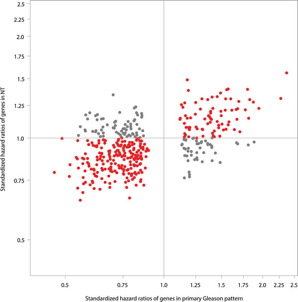 Comparison of strength of genes in predicting clinical recurrence in NT vs. tumor (primary Gleason pattern) for the 405 genes, which were predictive of clinical recurrence in tumor (FDR &lt; 20%)