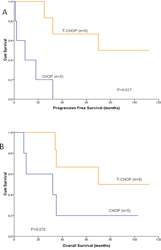 PFS and OS curves in Bcl-2&#x002B;/Bcl-6- patients treated with T-CHOP or CHOP.