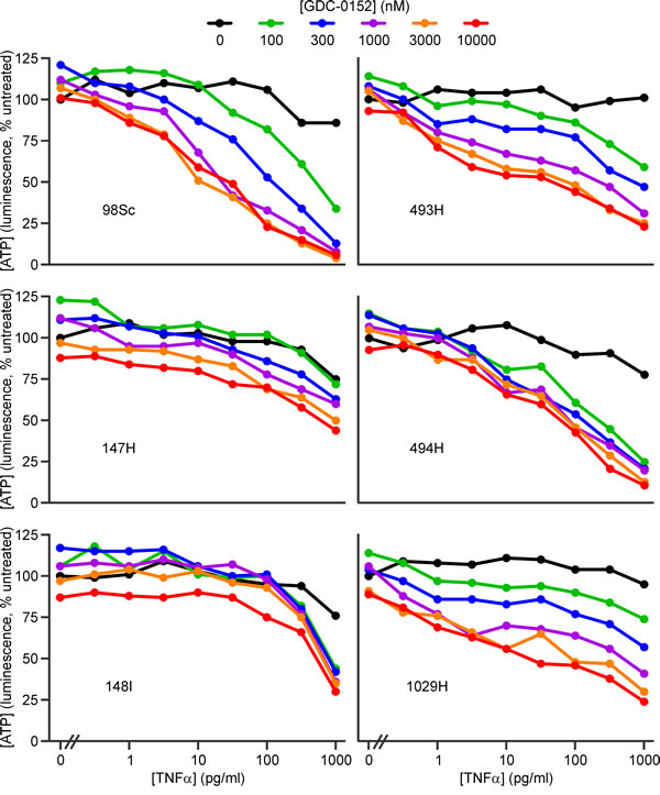 GDC-0152 cooperates with low concentrations of TNF&#x3b1; to kill cells from some primary murine osteosarcomas.