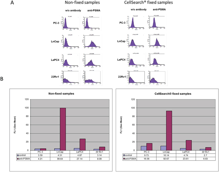 PSMA expression analyses of different prostate cancer cell lines (LNCaP, LaPC4, 22Rv1, and PC-3) by flow cytometry.