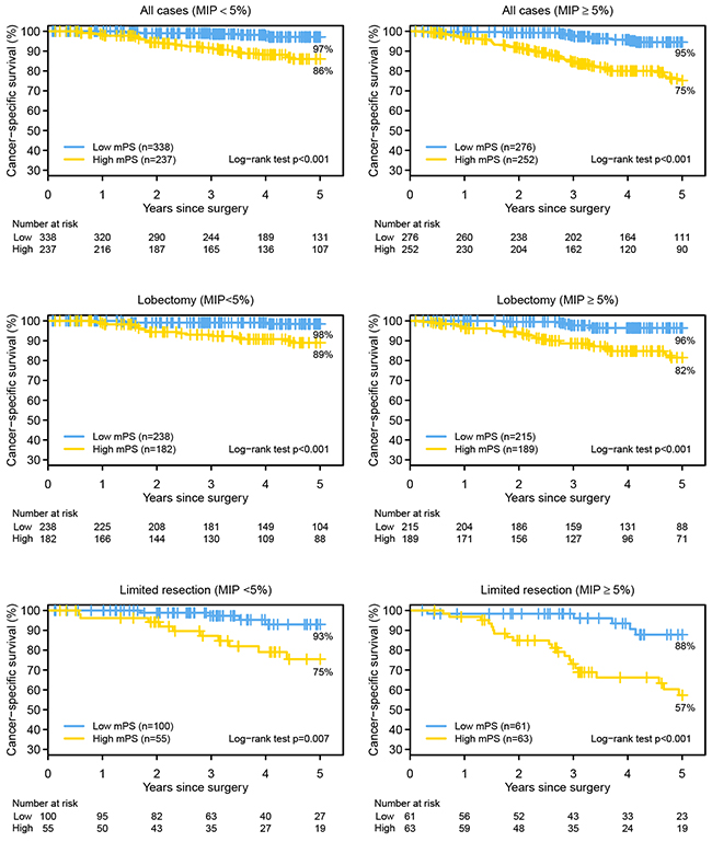 The Kaplan-Meier survival estimates for the high and low molecular prognostic score (mPS) groups, by the absence (&#x003C;5%) or presence (&#x2265;5%) of micropapillary (MIP) pattern and surgical procedure, are shown.