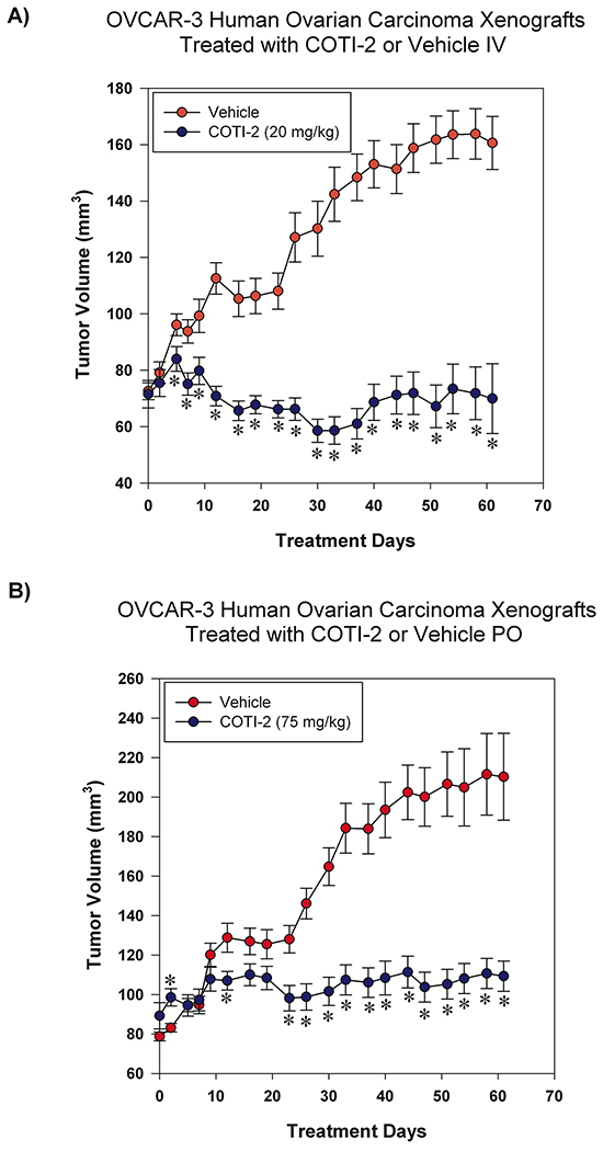 COTI-2 treatment inhibits OVCAR-3 xenograft growth.