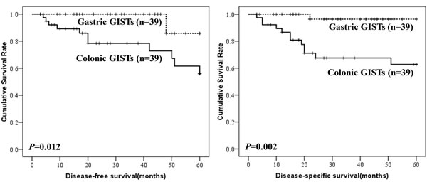 Comparison of DFS and DSS between colonic and gastric GISTs.