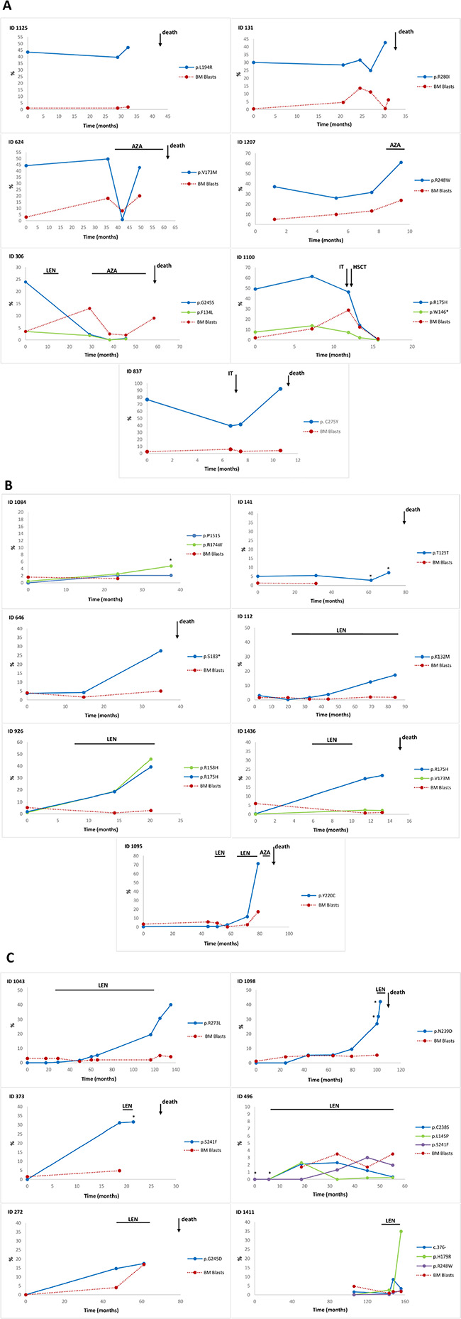 Time course of the TP53 mutant allele burden in serial follow-up samples of lower-risk MDS.
