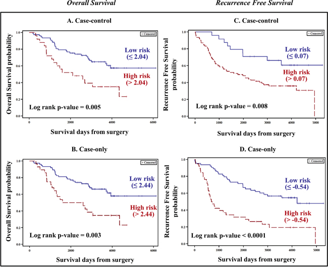 Kaplan-Meier plots for constructed risk scores (Discovery cohort).