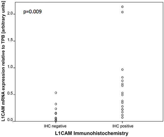 Correlation between L1CAM expression on IHC and absolute L1CAM mRNA levels.