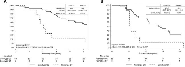 Overall survival (OS) of patients with breast cancer and bone metastases according to SNP rs34945627.