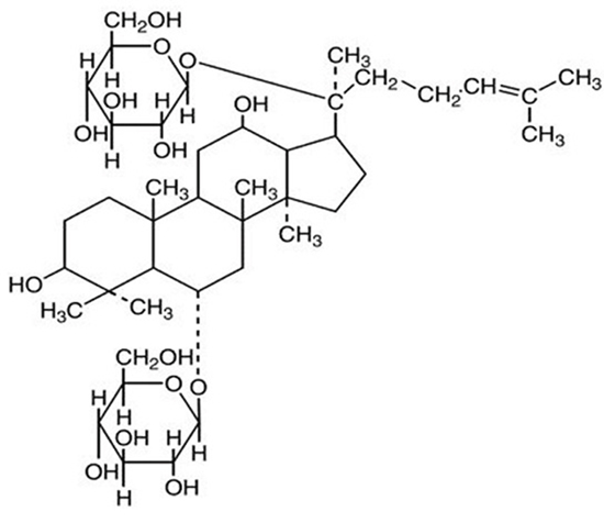 The chemical structure of ginsenoside Rg1 (C42H72O14).