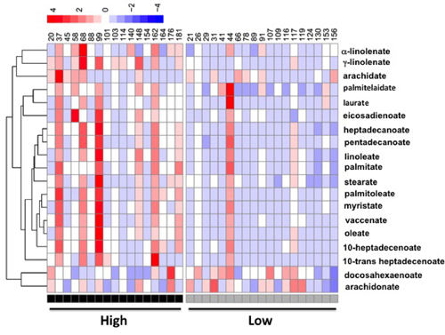 A heatmap display of quantitative analysis of all individual fatty acids in liver between patients with high OCPs (p&#x2019;, p&#x2019;-DDE and