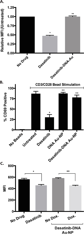 Dasatinib-DNA Au-NPs exhibit less toxicity than dasatinib alone against human CD34 and T-cells.