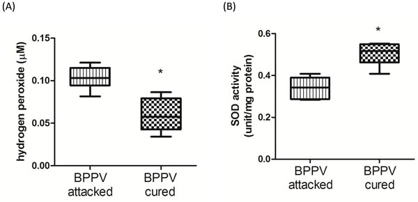 Oxidative status in BPPV-attacked and BPPV-cured patients after treatment of maneuver exercise.