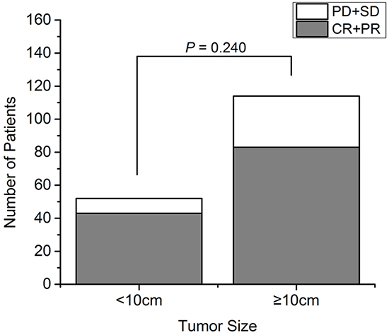 The response rate of 72 patients with recurrent RPS analyzed according to tumor size.