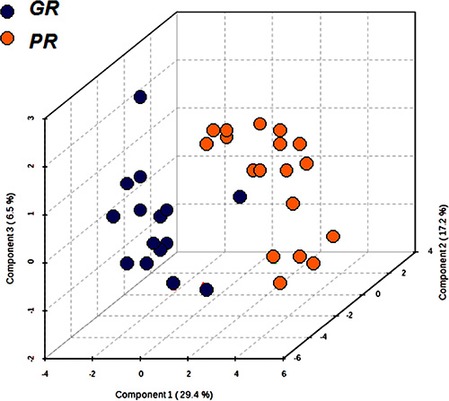 Partial least squares discrimination analysis (PLS-DA) graph used to distinguish the metabolomics profile of the two groups GR (n = 15) and PR (n = 19).