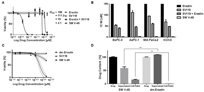 Conjugation to SV119 overcomes the internalization block of dm-Erastin and increases efficacy in pancreatic cancer cell lines.