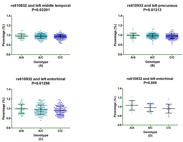 The significant correlation between rs610932 and morphological changes of AD specific structure on MRI in subgroup analysis after one-year follow-up.