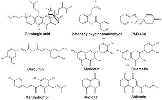 Examples of Michael acceptor moiety-containing compounds reported to possess TrxR inhibitory activities.