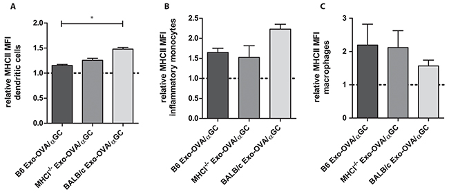 MHC class II upregulation on DC, monocytes and macrophages 1 hour after exosome injection.