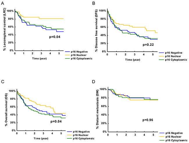 Association between p16INK4a and survival outcome.