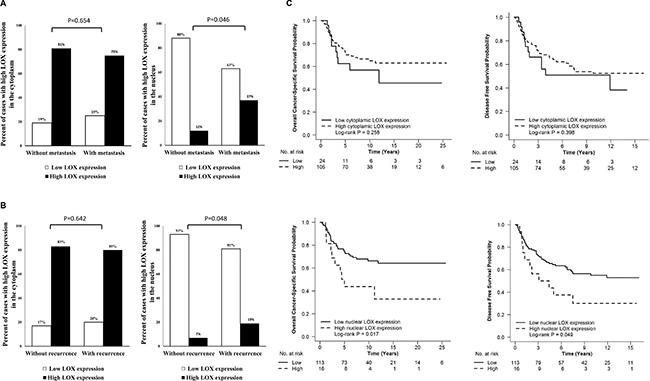 The relationship between LOX expression in primary tumour and distance metastasis, total recurrence and survival.