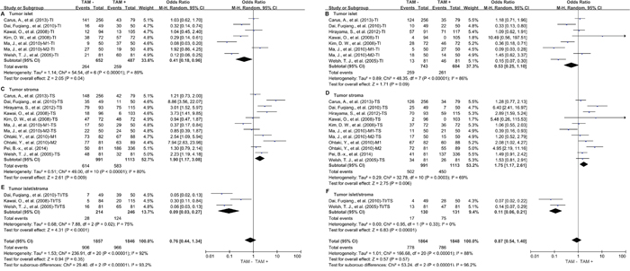 Subgroup analysis of OS by high density of TAMs in different tumor distribution.