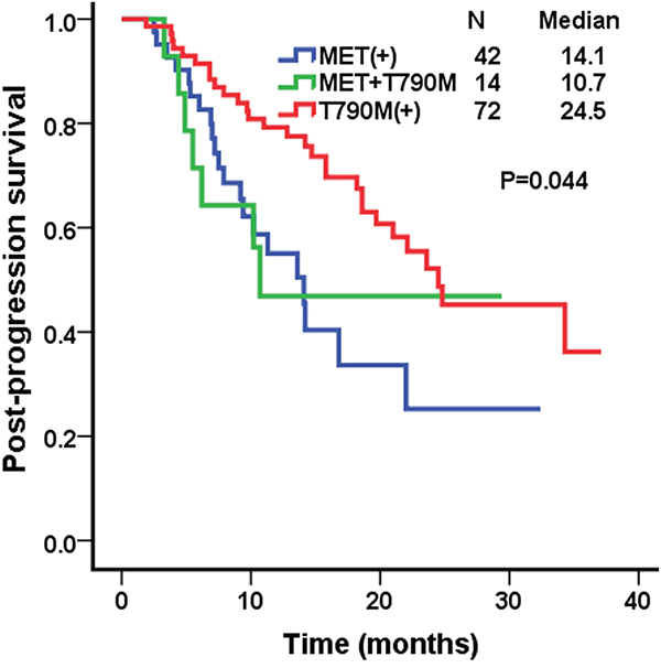 Kaplan&#x2013;Meier curves for post-prognosis survival (PPS) in the MET over-expression group, the T790M positive group, and the MET/T790M positive group