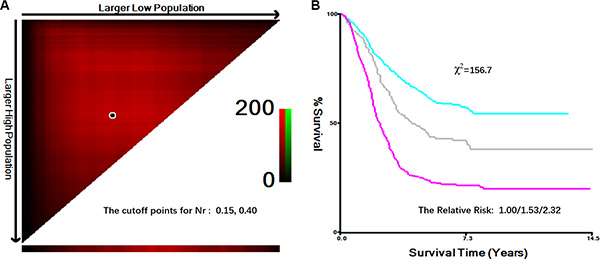 Division of patients by the cutoff points produced by X-tile plot.