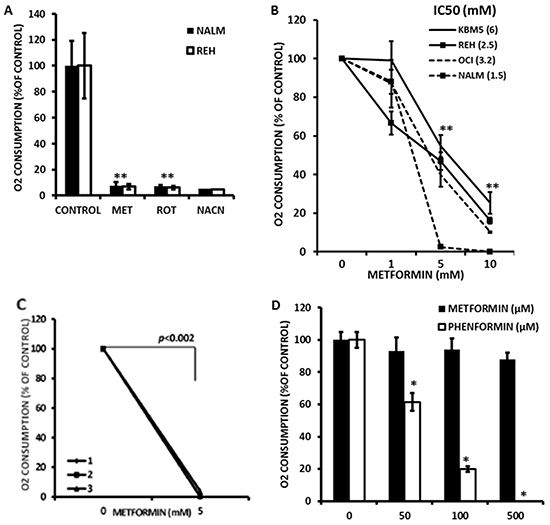 Metformin inhibits electron transport in leukemia cell lines.