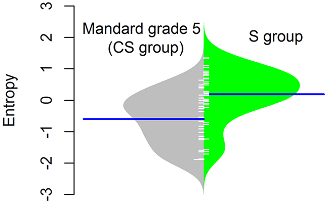 Normalised DNA copy number entropy distribution comparing the surgery alone (S group) samples with no pathological response (Mandard tumor regression grade 5) with samples after chemotherapy (CS group).
