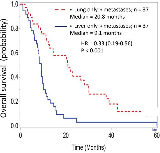 Overall survival curves in these two population, t0 being the date of diagnosis of the metastases.