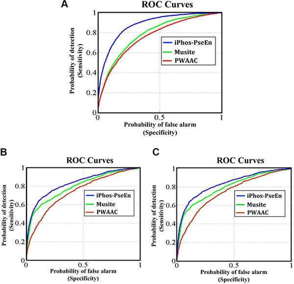 The intuitive graphs of ROC curves to show the performance of Musite, PWAAC, iPhos-PseEn, respectively, for the case of the center residue &#x229B; is (A) S, (B) T, and (C) Y.