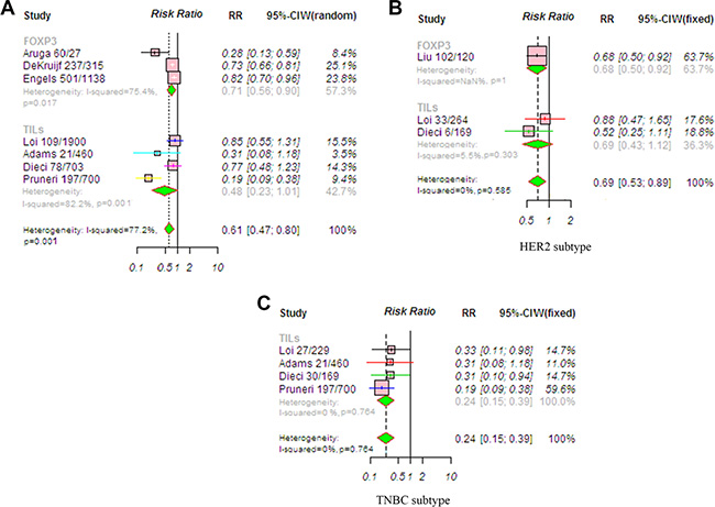 Meta-analysis of relative risk (RR) for the correlation between TIL status and OS.